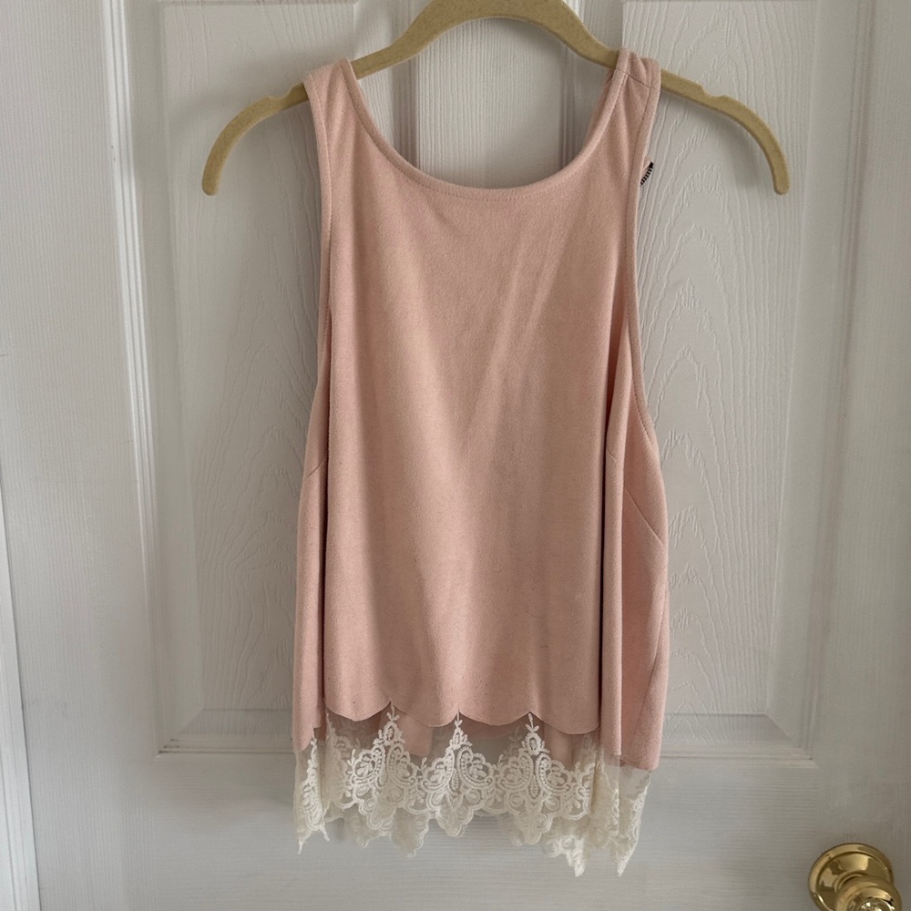 Paper Crane SUEDE Blush Pink Tank with Cream Eye Lash Lace Trim